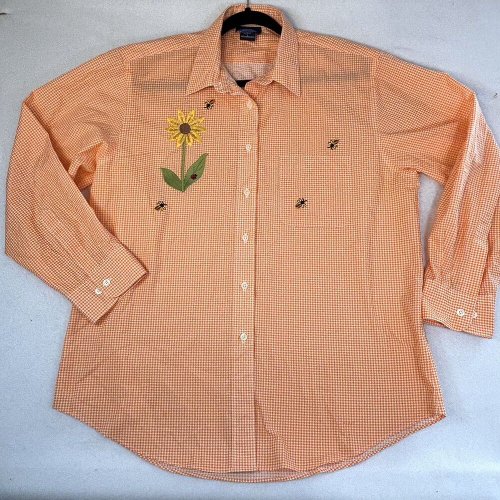 Womens Cottagecore Embroidered Button Down Shirt Size L Orange Stripes And Bees